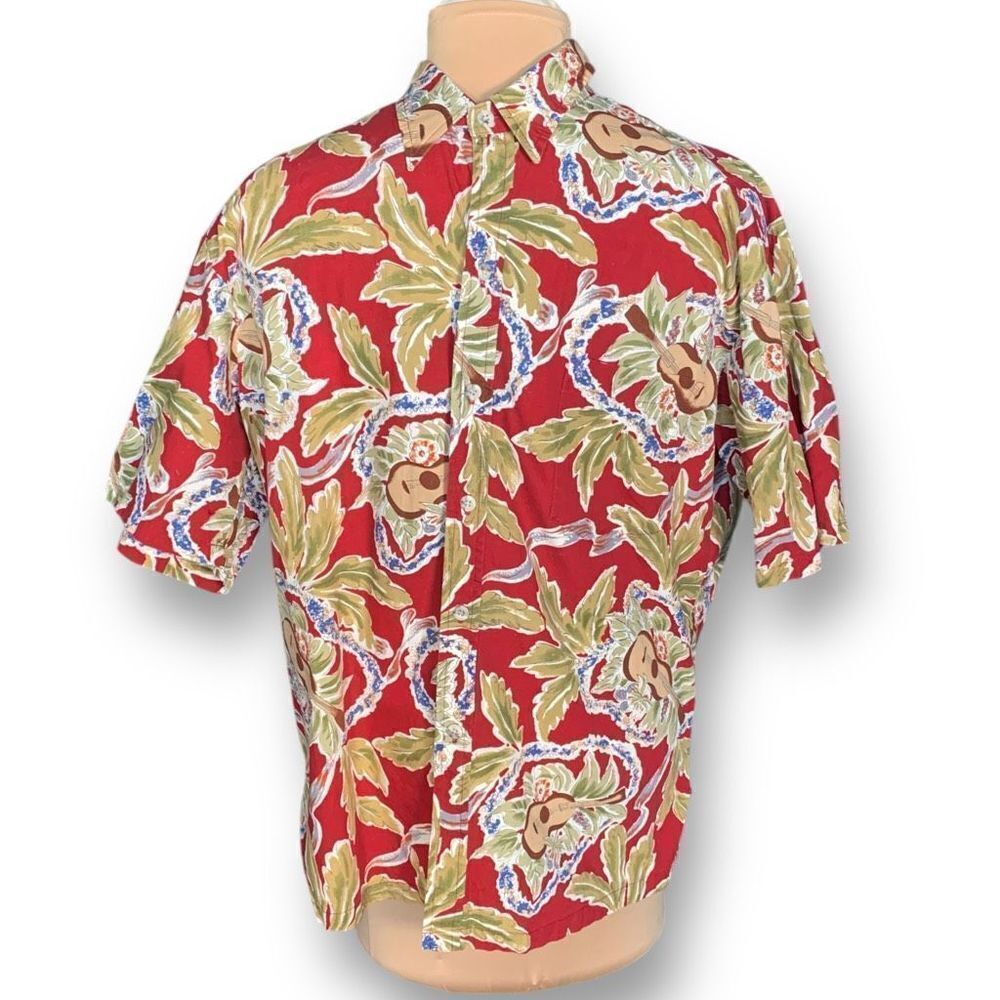 Vintage 90s Shirt Red Yellow Short Sleeve Boxy Camp Collar Hawaiian Printed Top